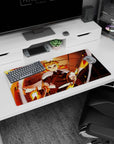 Anime mouse pad 32x16 inches featuring Kyojuro Rengoku from Demon Slayer with flames and Mugen Train in the background.