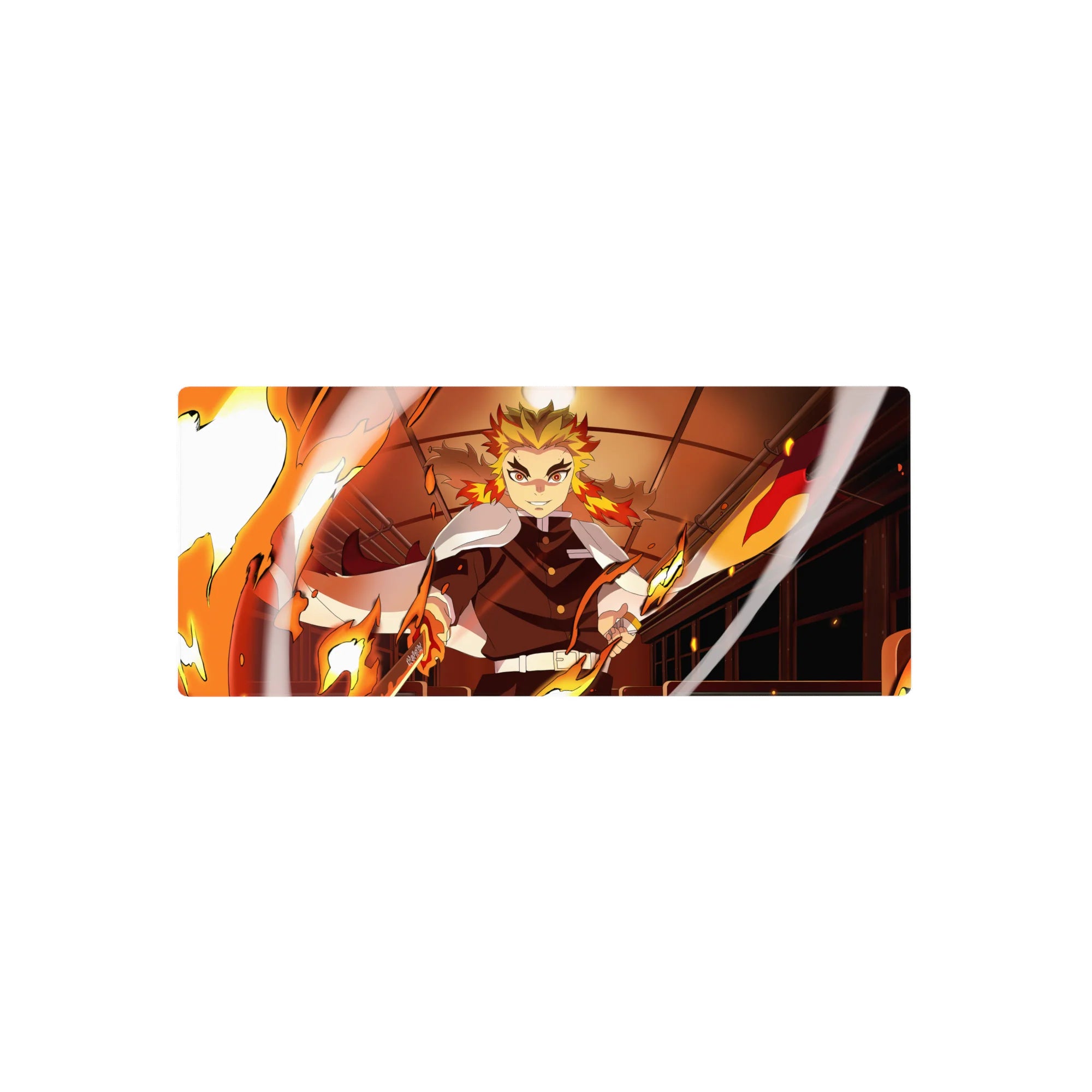 Anime mouse pad 28x12 inches featuring Kyojuro Rengoku from Demon Slayer, with fiery Mugen Train backdrop and vibrant colors.