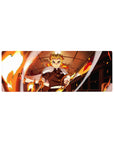 Anime mouse pad 32x12 inches featuring Kyojuro Rengoku from Demon Slayer, with vibrant flames and Mugen Train backdrop.