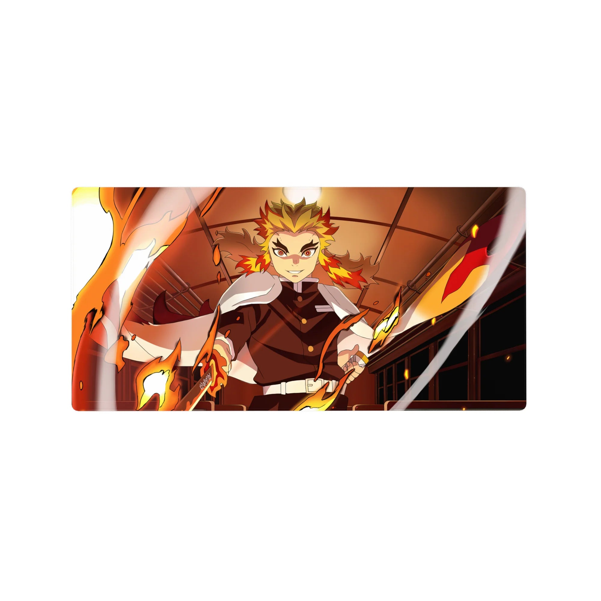 Kyojuro Rengoku anime mouse pad, 32x16 inches, featuring fiery Mugen Train scene from Demon Slayer with vivid colors.