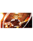 Kyojuro Rengoku anime mouse pad, 32x16 inches, featuring fiery Mugen Train scene from Demon Slayer with vivid colors.