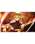 Kyojuro Rengoku anime desk pad 40x20 inches, featuring vibrant flames and Mugen Train scene from Demon Slayer.