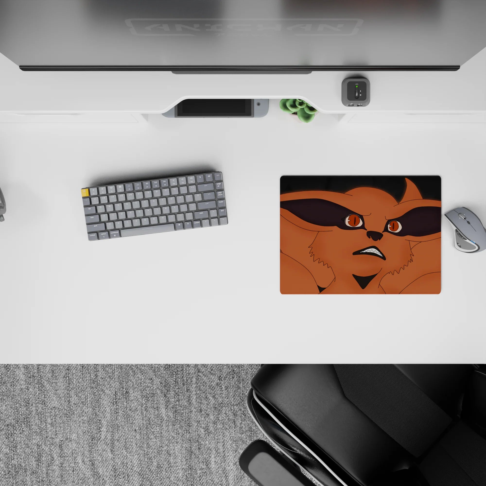 Anime mouse pad 14x10 inches in warm orange fox tones with dramatic black eye shadows, intense vibe.