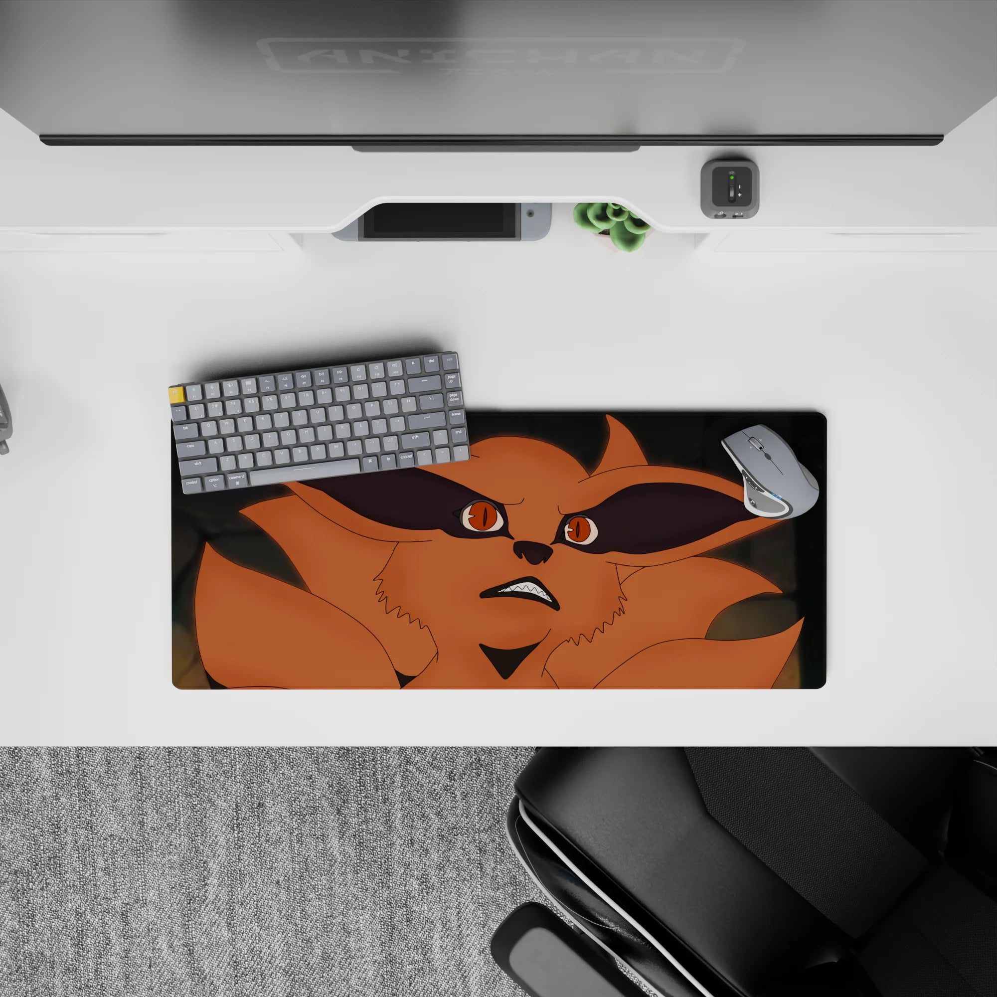 28x12 inches anime mouse pad in warm orange fox tones with dramatic black shadows, intense vibe.