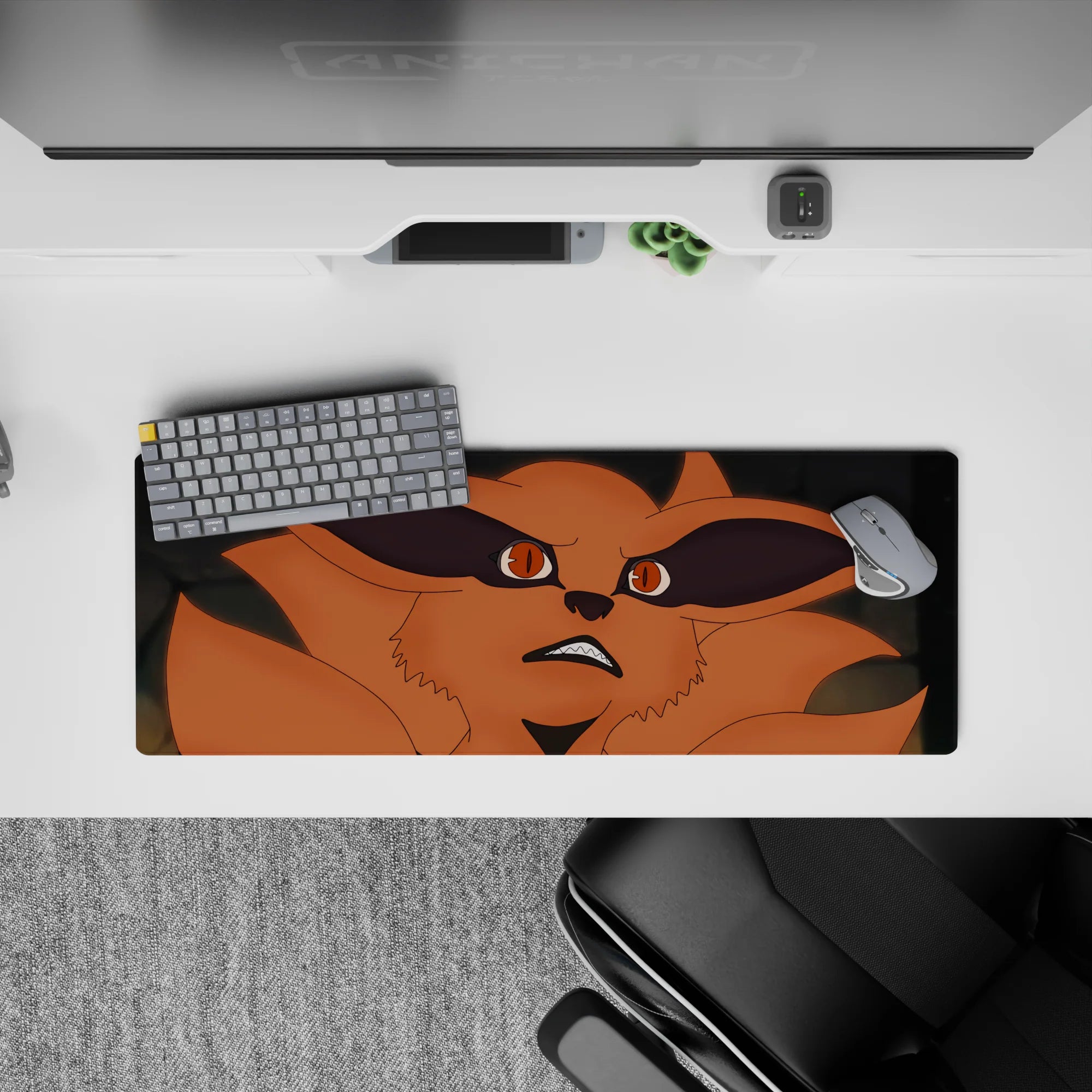 32x12 inches anime mouse pad in warm orange fox tones with dramatic shadows for a dark, intense vibe.