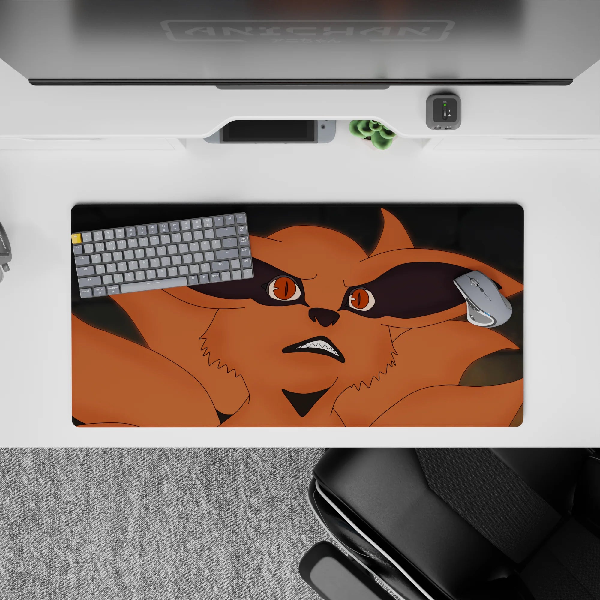 32x16 inches anime mouse pad in warm orange fox tones with dramatic black shadows, sly chaotic vibe.