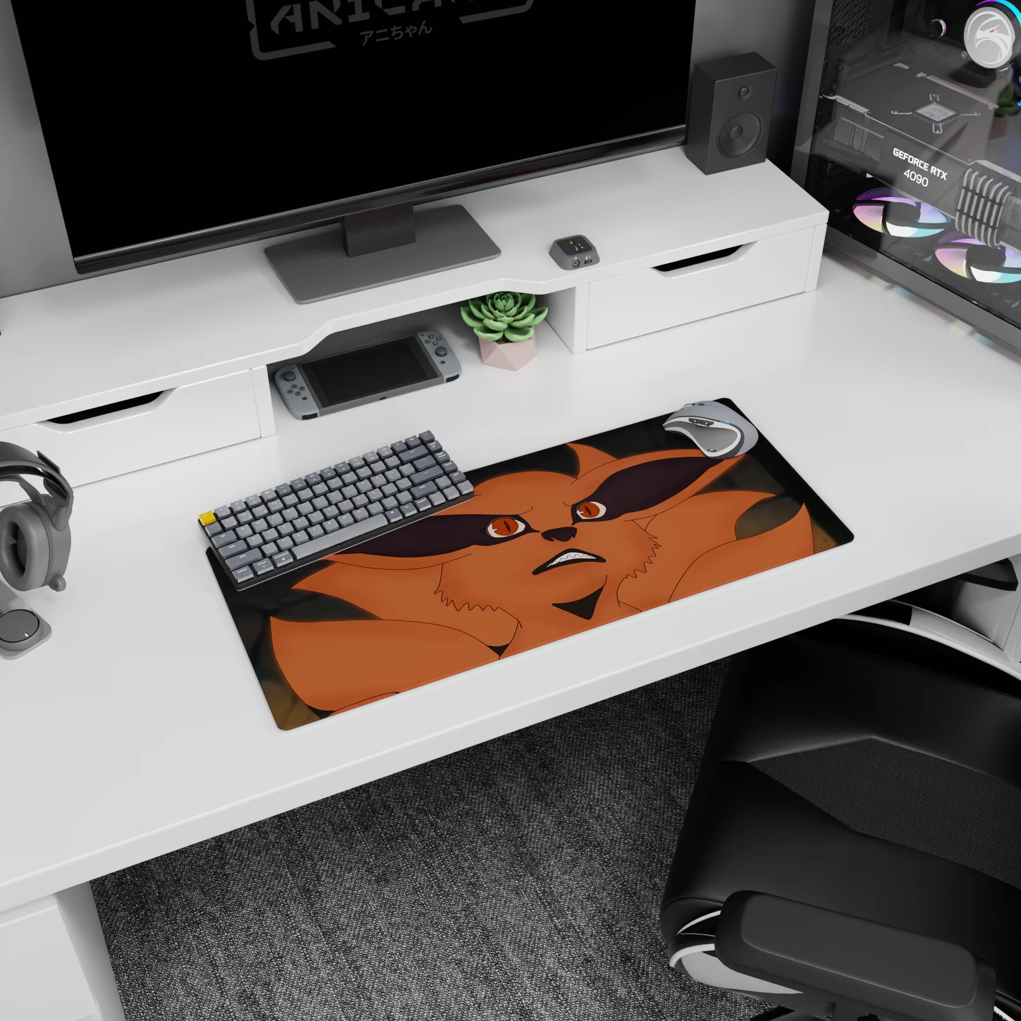 28x12 inches Naruto mouse pad showing Kurama staring up with an oh-no grin, fierce Nine-Tails look.