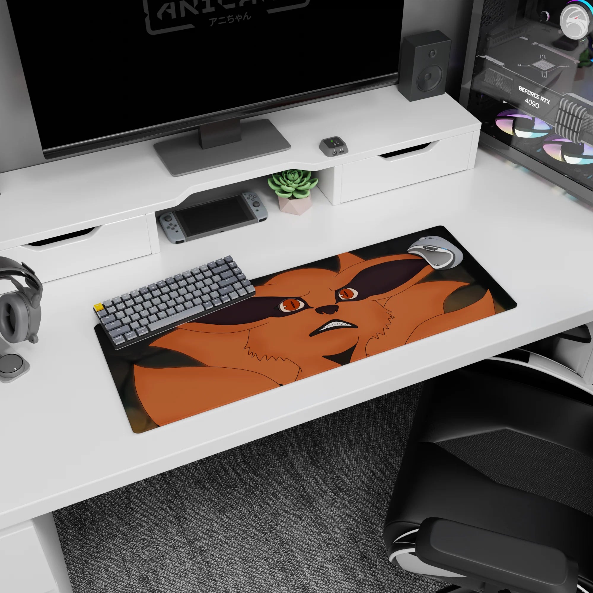 Kurama from Naruto staring up with an oh-no grin on a 32x12 inches anime extended desk mouse pad.