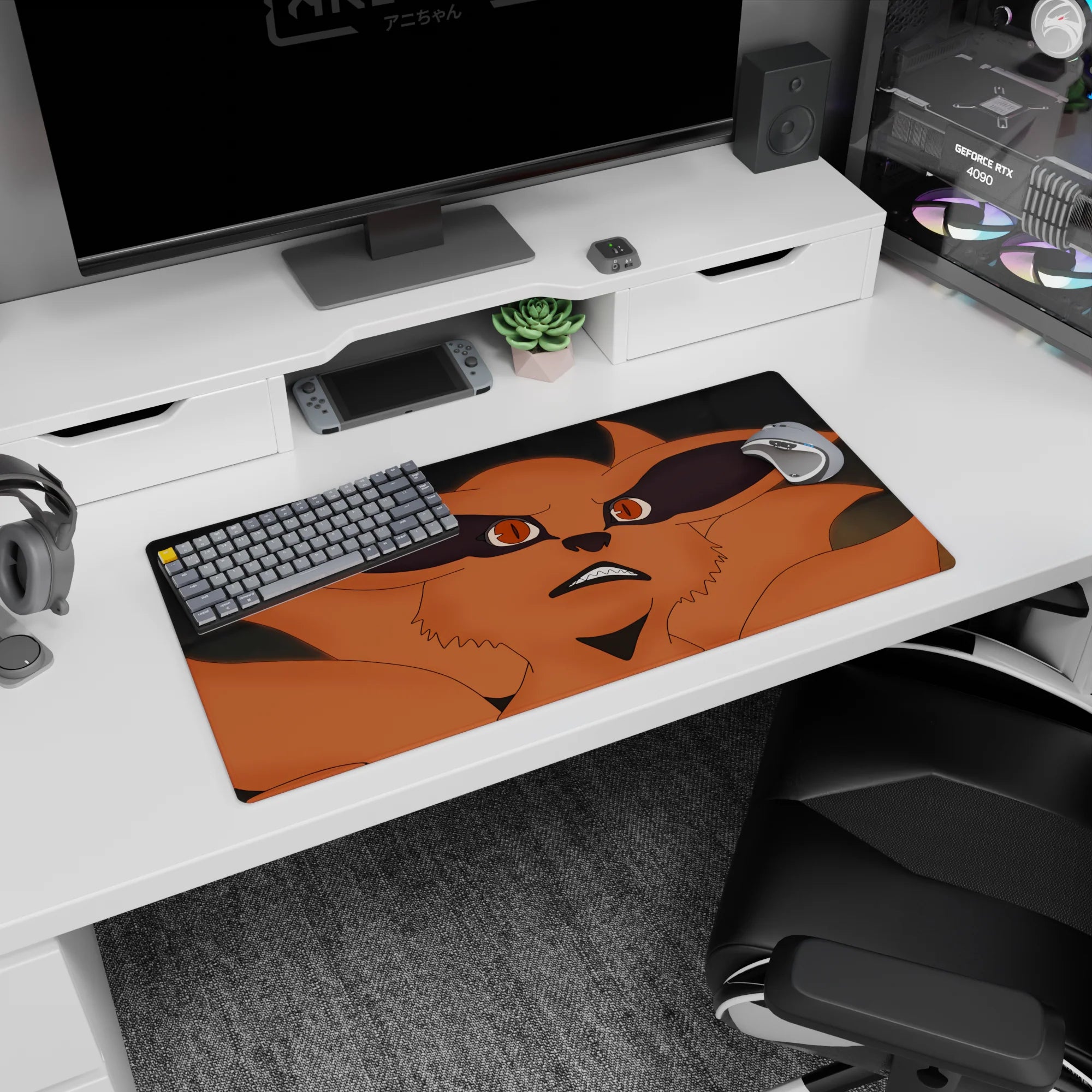 32x16 inches Naruto mouse pad showing Kurama grinning upward, Nine-Tails close-up on a gray stone background.
