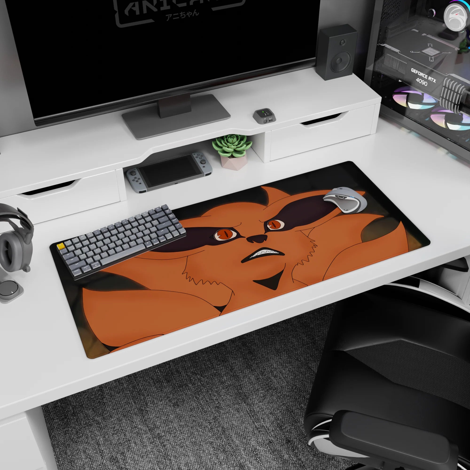 Kurama from Naruto grinning up on anime desk pad 36x16 inches, Nine-Tails vibe guarding your clicks.
