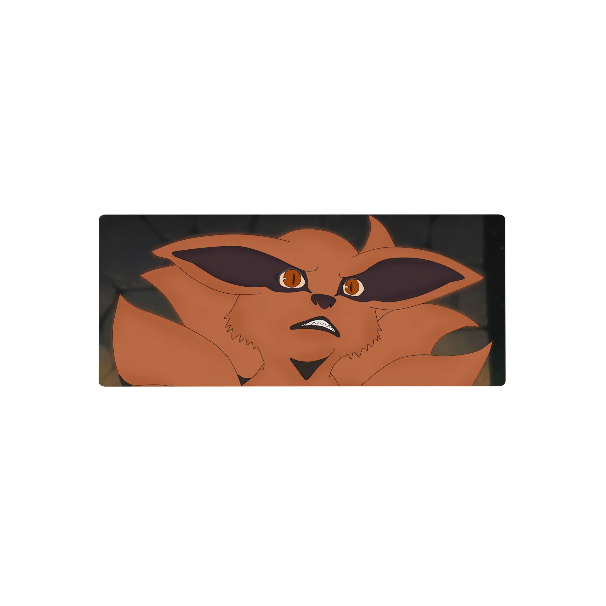 28x12 inches anime mouse pad with Kurama fox grin, bold shadows, and stone-gray backdrop.