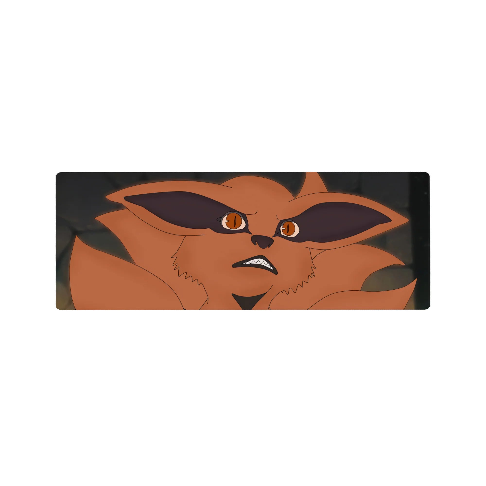 Anime mouse pad 32x12 inches featuring Kurama fox face, bold black eye shadows, stone-gray backdrop.