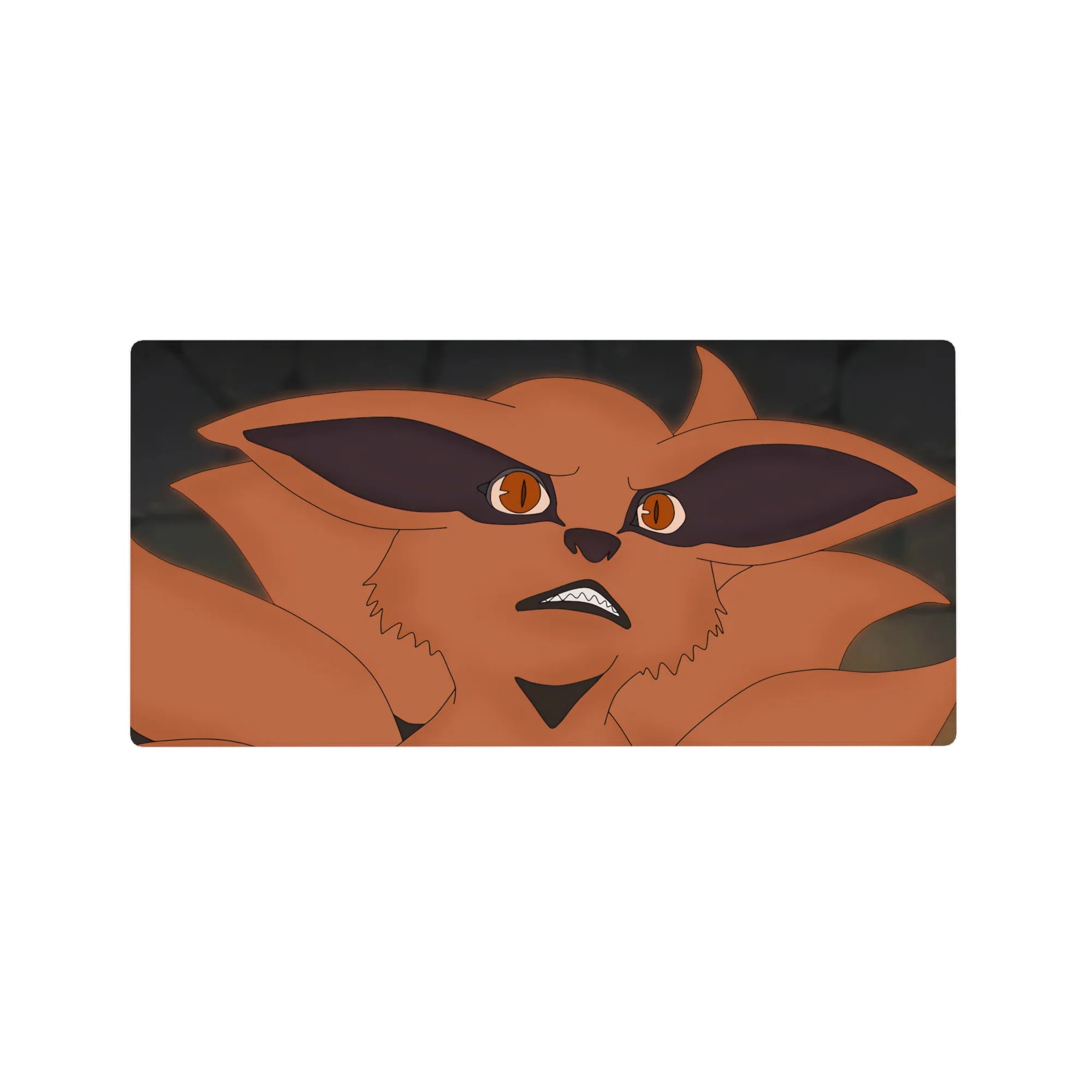 32x16 inches anime mouse pad with Kurama fox face, bold black eye shadows, and stone-gray backdrop.