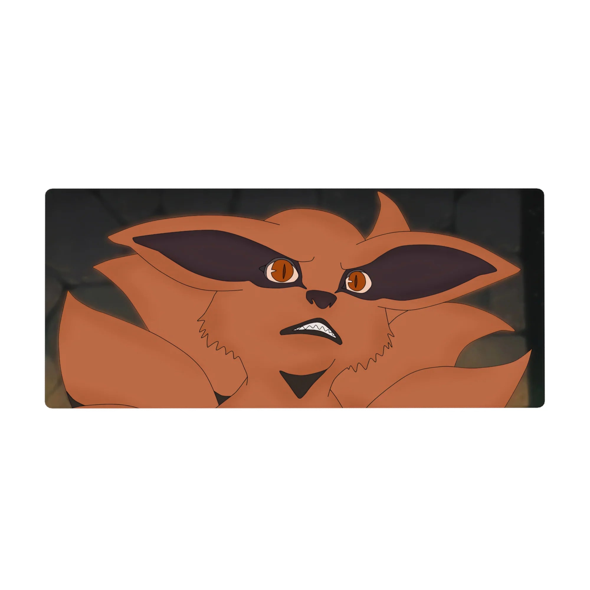 Kurama anime desk pad 36x16 inches with bold black eye shadows, warm fox tones, stone-gray backdrop.