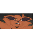 Kurama anime desk pad 36x16 inches with bold black eye shadows, warm fox tones, stone-gray backdrop.