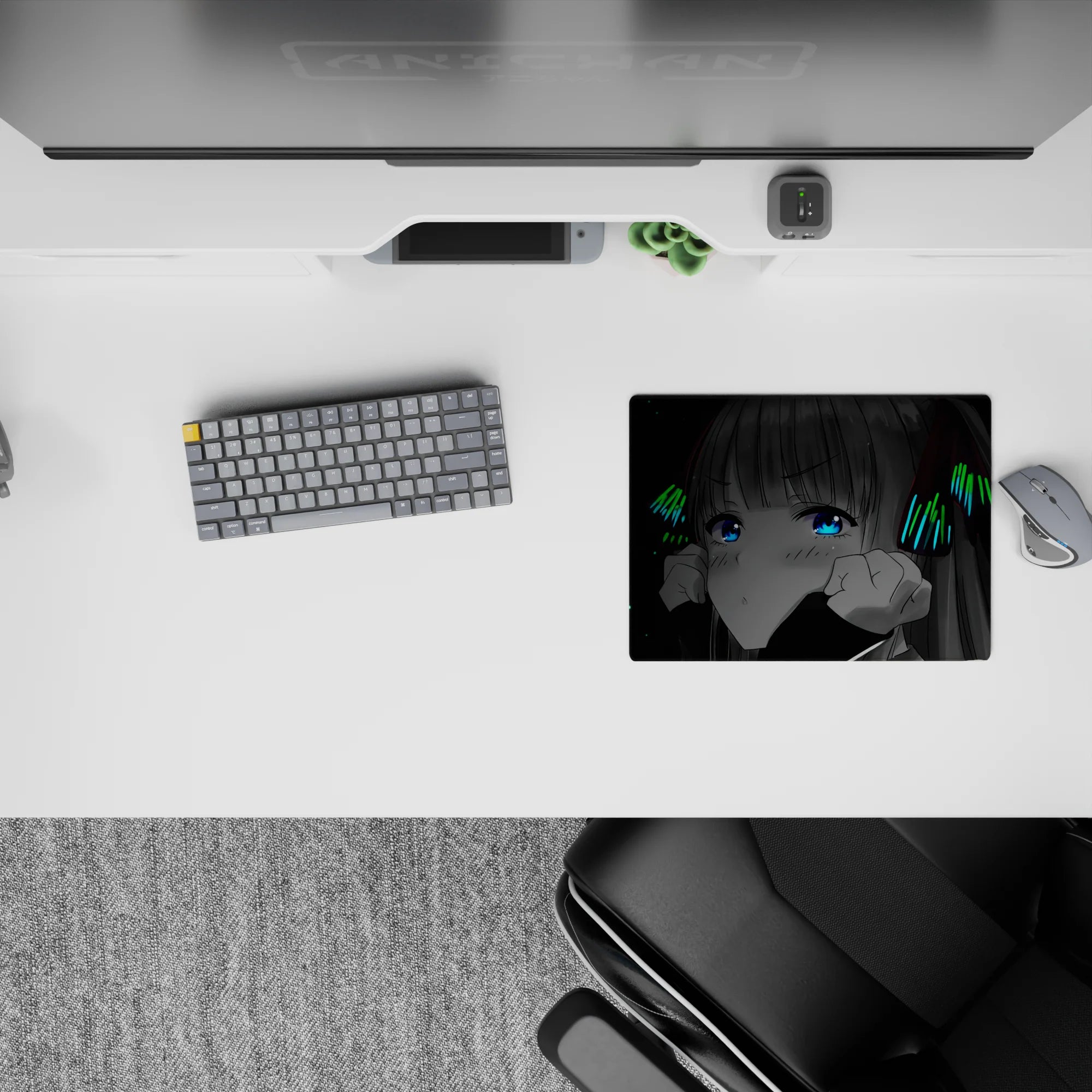 Cyber cozy 14x10 inches anime mouse pad in space-black with electric blue eyes and neon green glow.