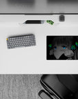 Cyber cozy 14x10 inches anime mouse pad in space-black with electric blue eyes and neon green glow.
