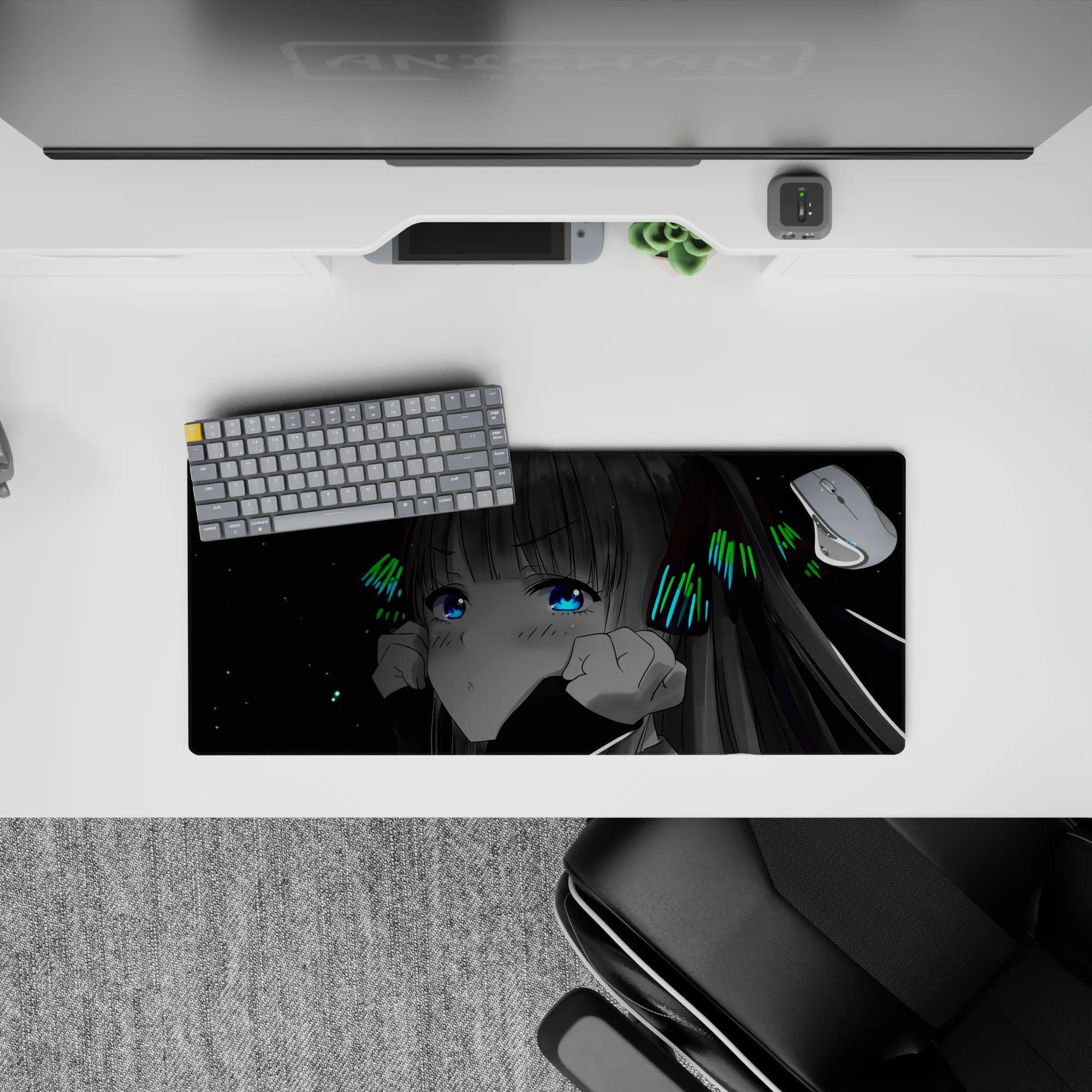 Cyber cozy anime mouse pad 28x12 inches with electric blue eyes, neon green accents, and starry black vibe.