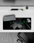 Cyber cozy anime mouse pad 28x12 inches with electric blue eyes, neon green accents, and starry black vibe.