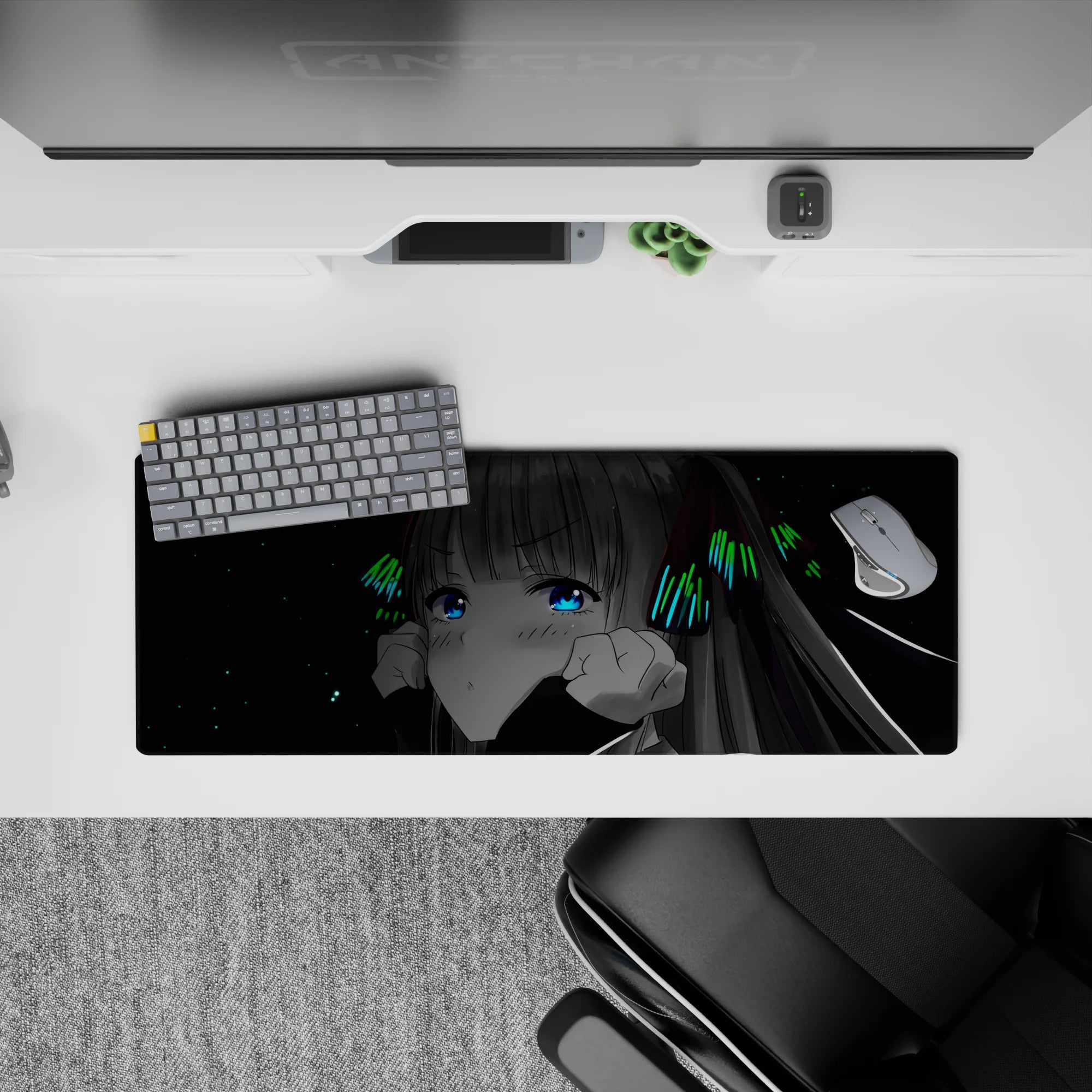 Cyber cozy 32x12 inches anime girl desk mouse pad in deep black, electric blue eyes, neon green accents.