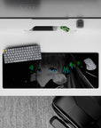Cyber cozy 32x12 inches anime girl desk mouse pad in deep black, electric blue eyes, neon green accents.