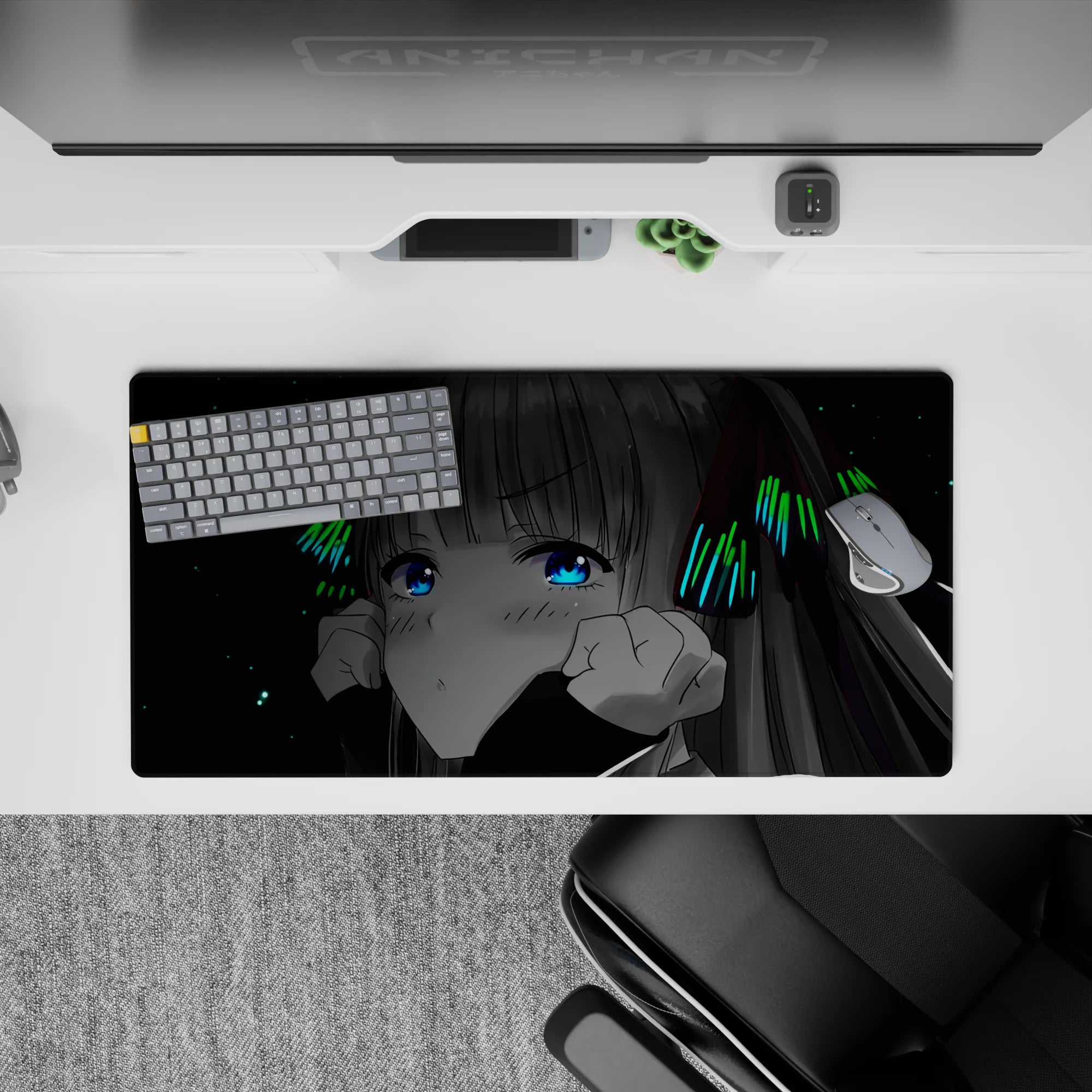 Cyber cozy 32x16 inches anime mouse pad in neon green, electric blue eyes, and starry black night vibe.