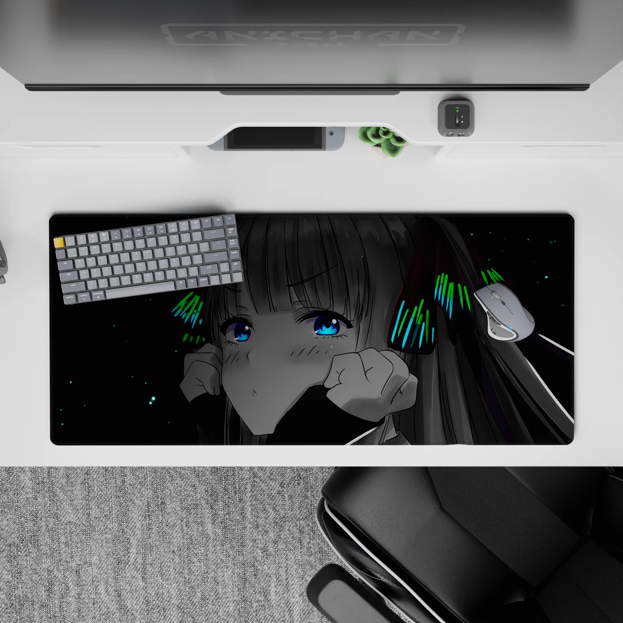 Cyber cozy 36x16 inches anime desk pad in silver-gray, electric blue, and neon green glow accents.