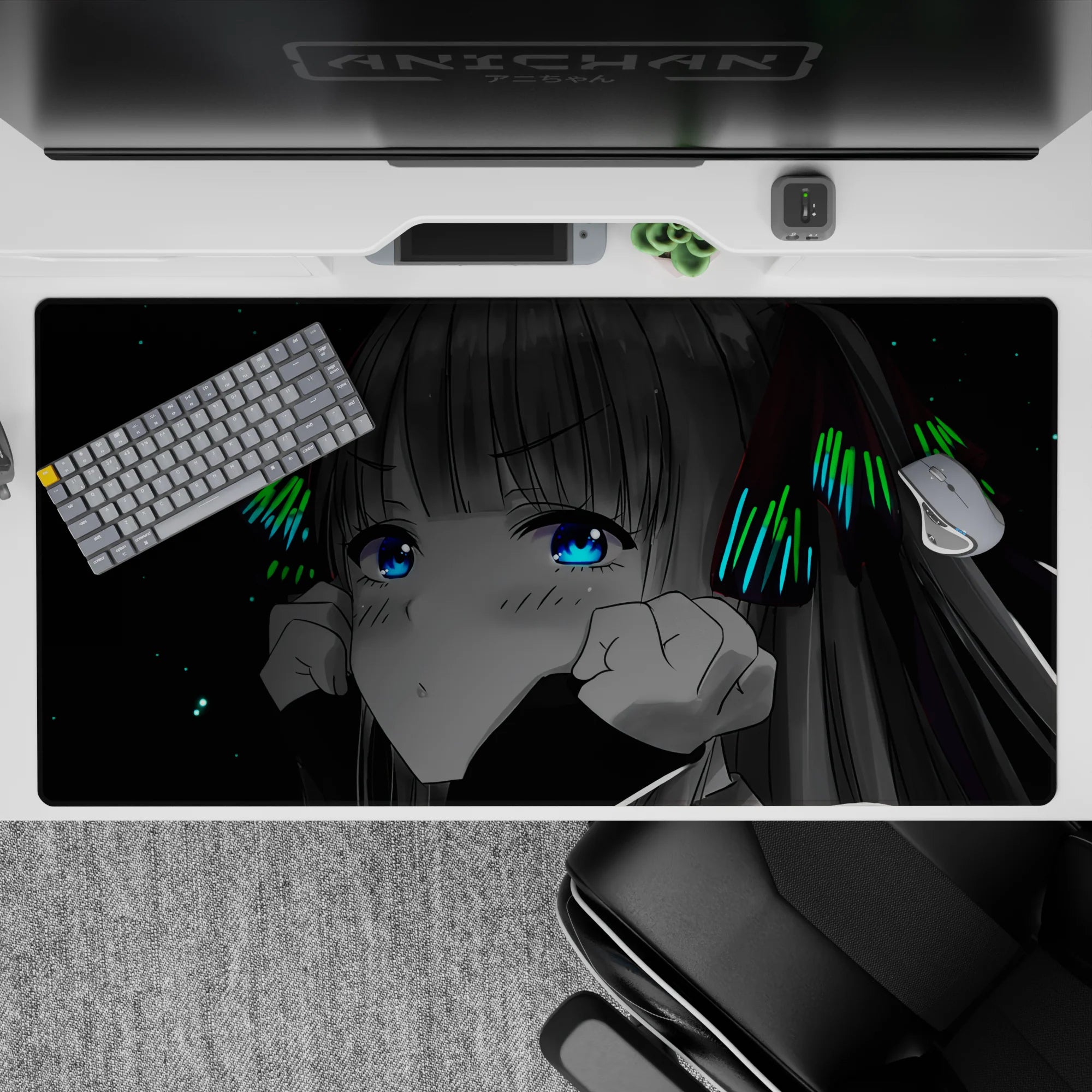 Cyber cozy anime desk pad 40x20 inches in space-black with electric blue eyes and neon green bow accents.