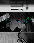 Cyber cozy anime desk pad 40x20 inches in space-black with electric blue eyes and neon green bow accents.