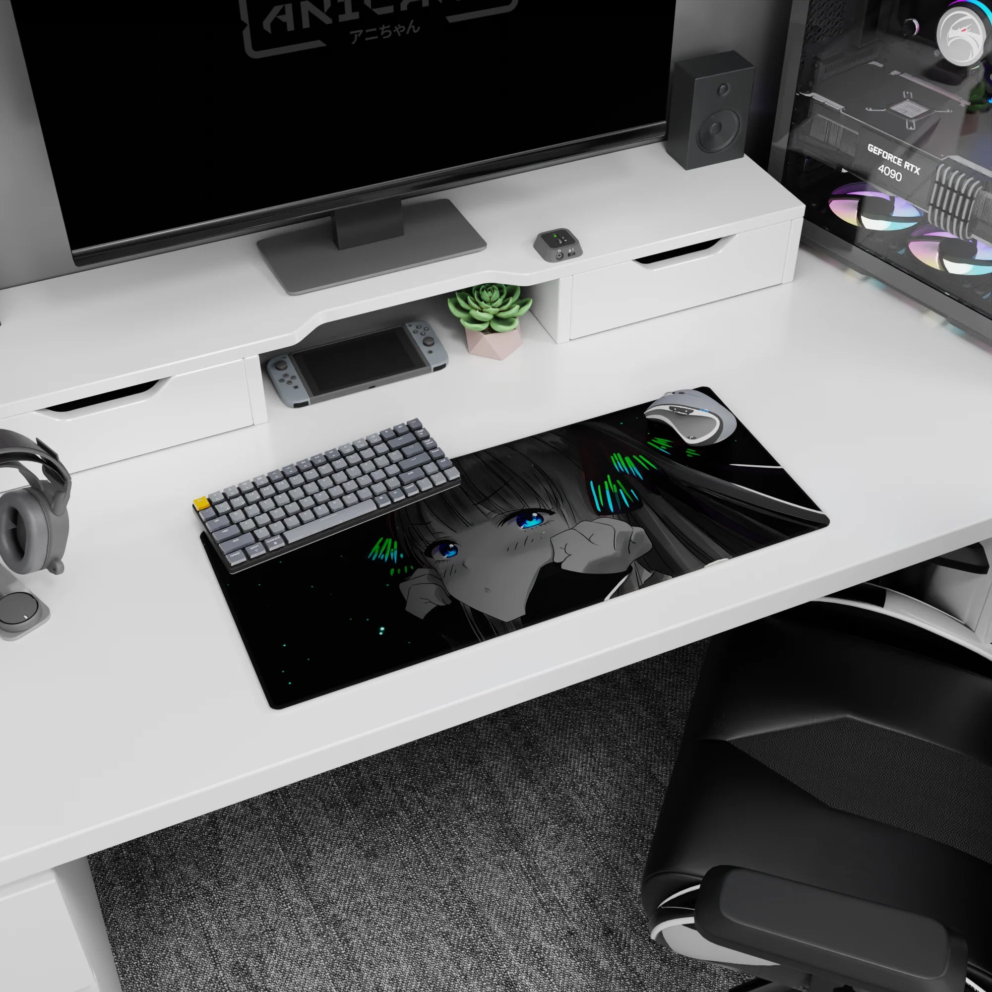 Wide-eyed anime girl pressing fists to cheeks on 28x12 inches mouse pad, blushing on deep black space.