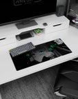 Wide-eyed anime girl pressing fists to cheeks on 28x12 inches mouse pad, blushing on deep black space.