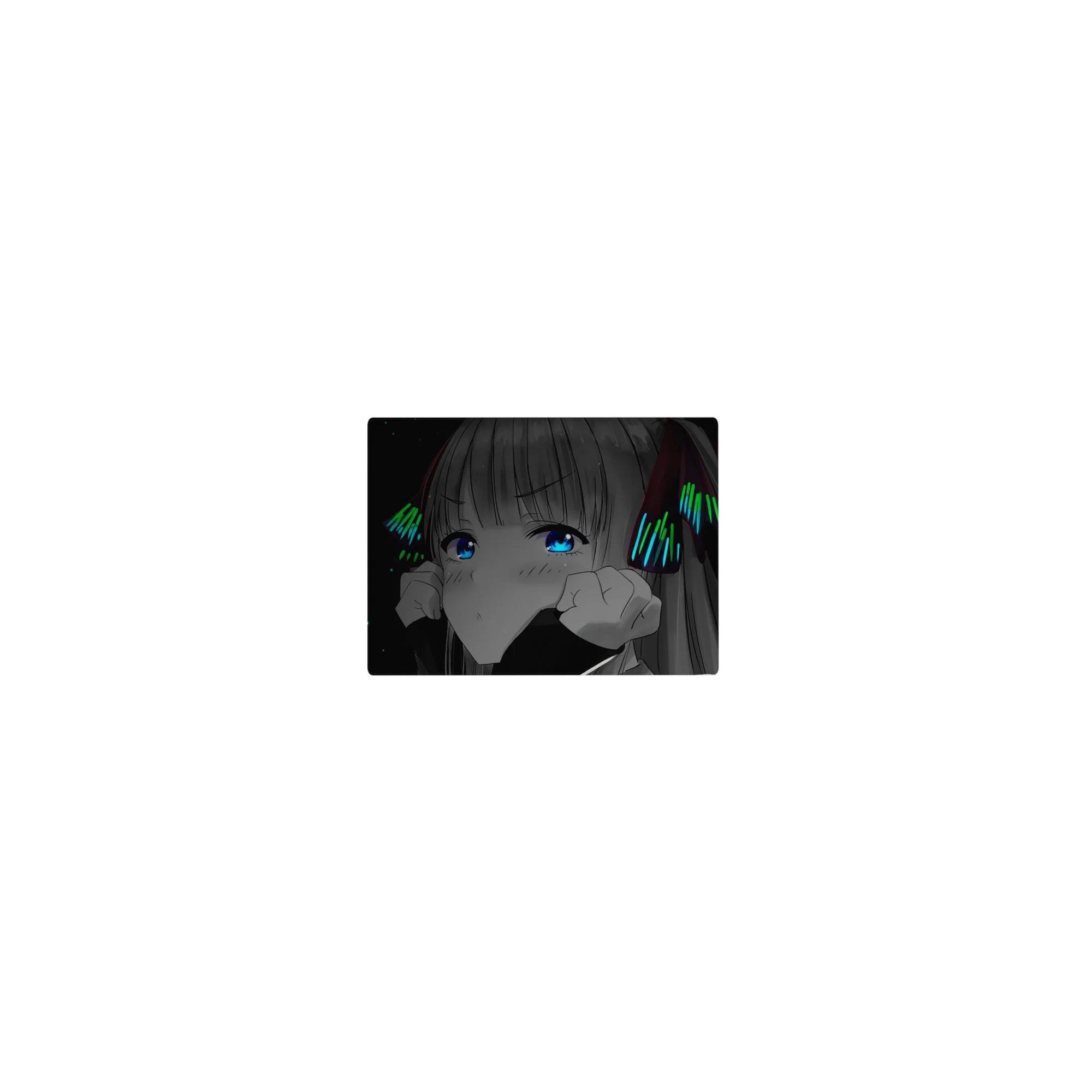 Classic anime girl mouse pad 14x10 inches, wide-eyed shy girl with silver hair and neon bow accents.
