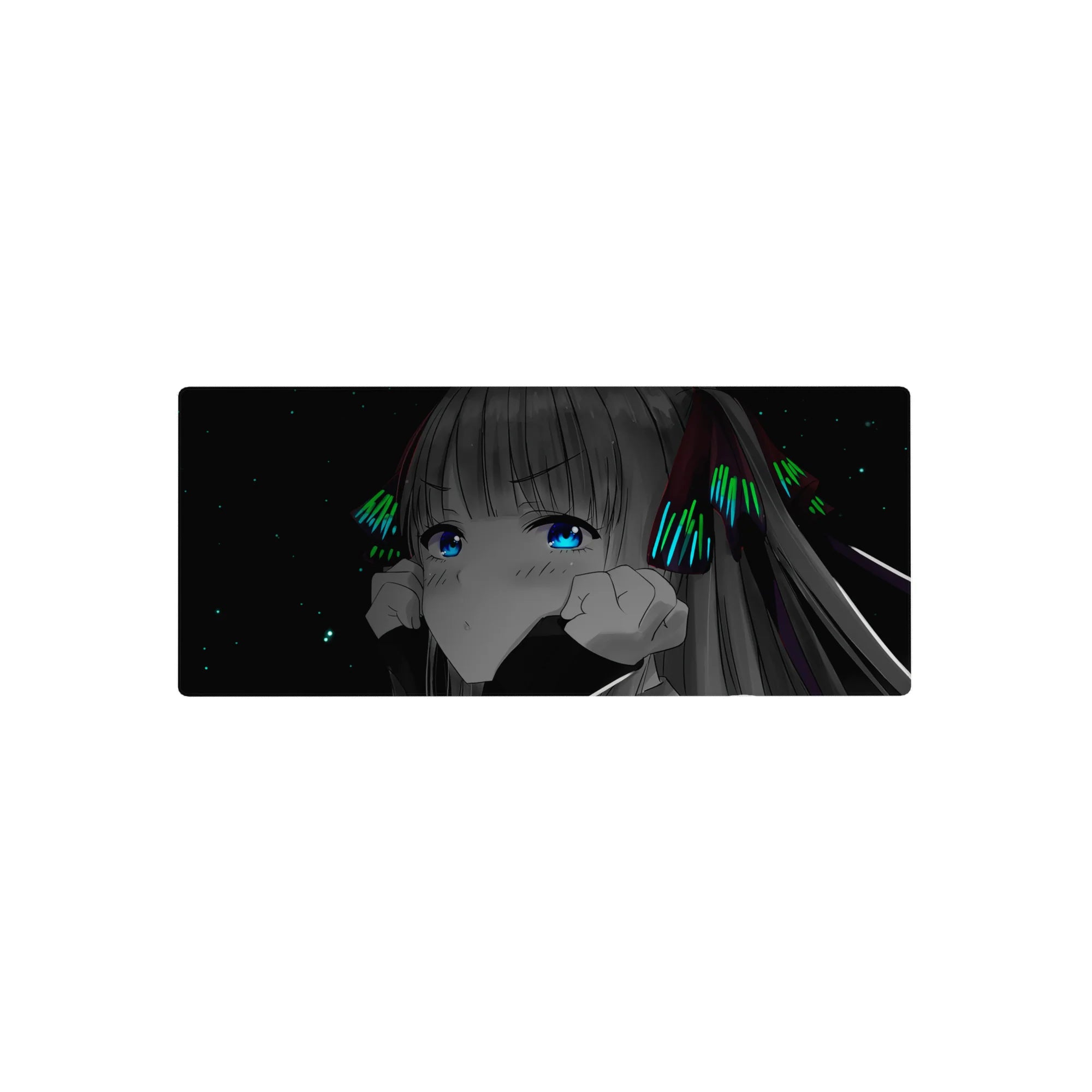 Anime girl mouse pad 28x12 inches with shy wide-eyed girl, silver-gray hair, neon bows, space-black background.
