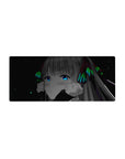Anime girl mouse pad 28x12 inches with shy wide-eyed girl, silver-gray hair, neon bows, space-black background.