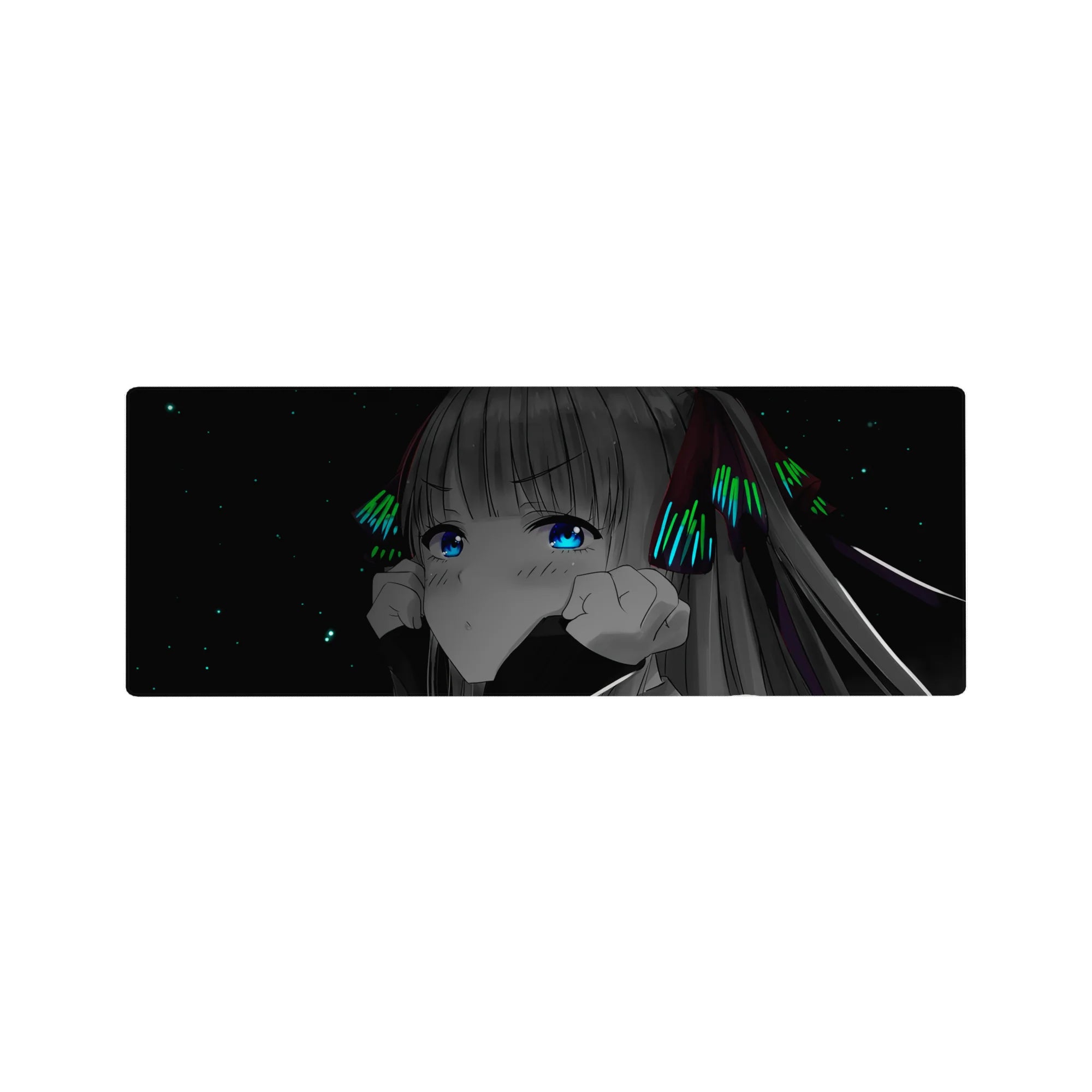 Anime girl mouse pad 32x12 inches with wide-eyed character, silver-gray hair, neon bows, space backdrop.