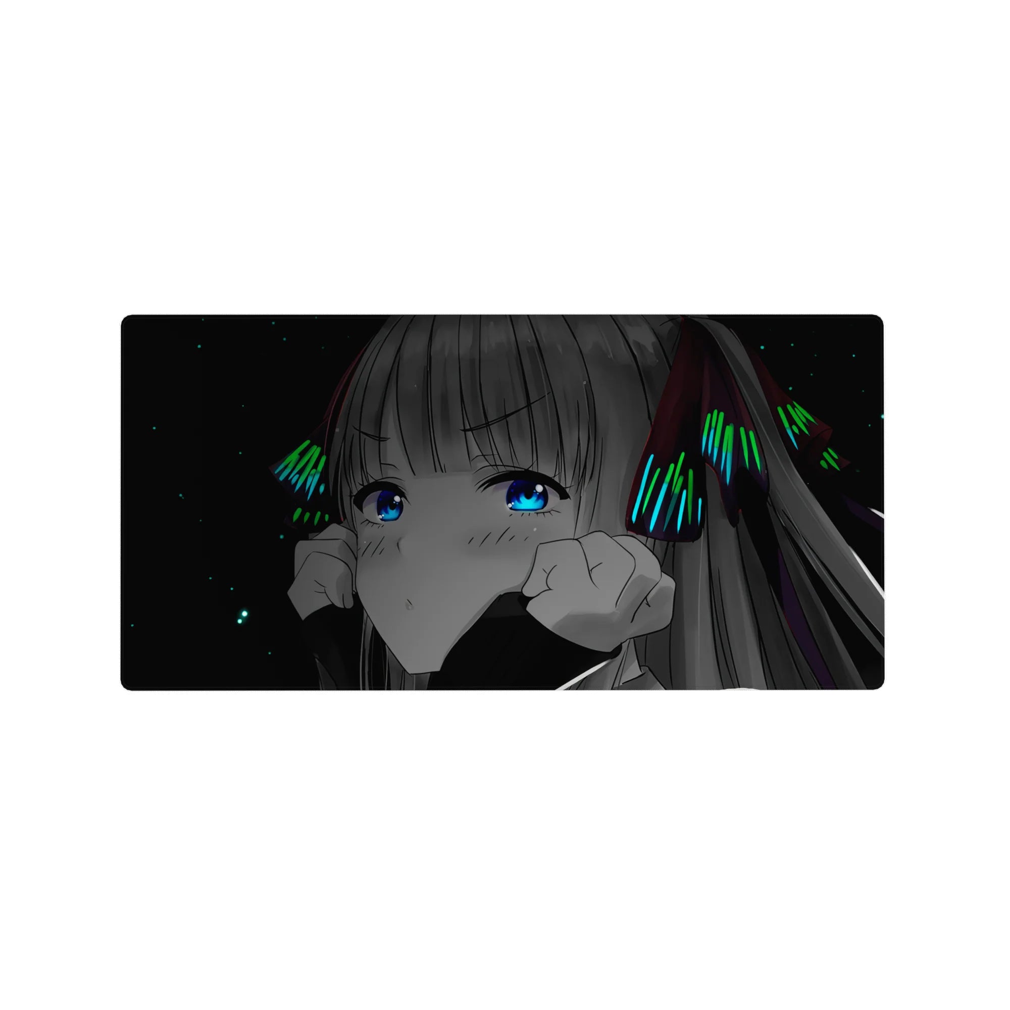 Anime girl mouse pad 32x16 inches with shy wide-eyed character, silver hair bows, and space-black backdrop.