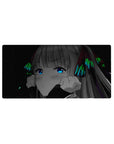 Anime girl mouse pad 32x16 inches with shy wide-eyed character, silver hair bows, and space-black backdrop.