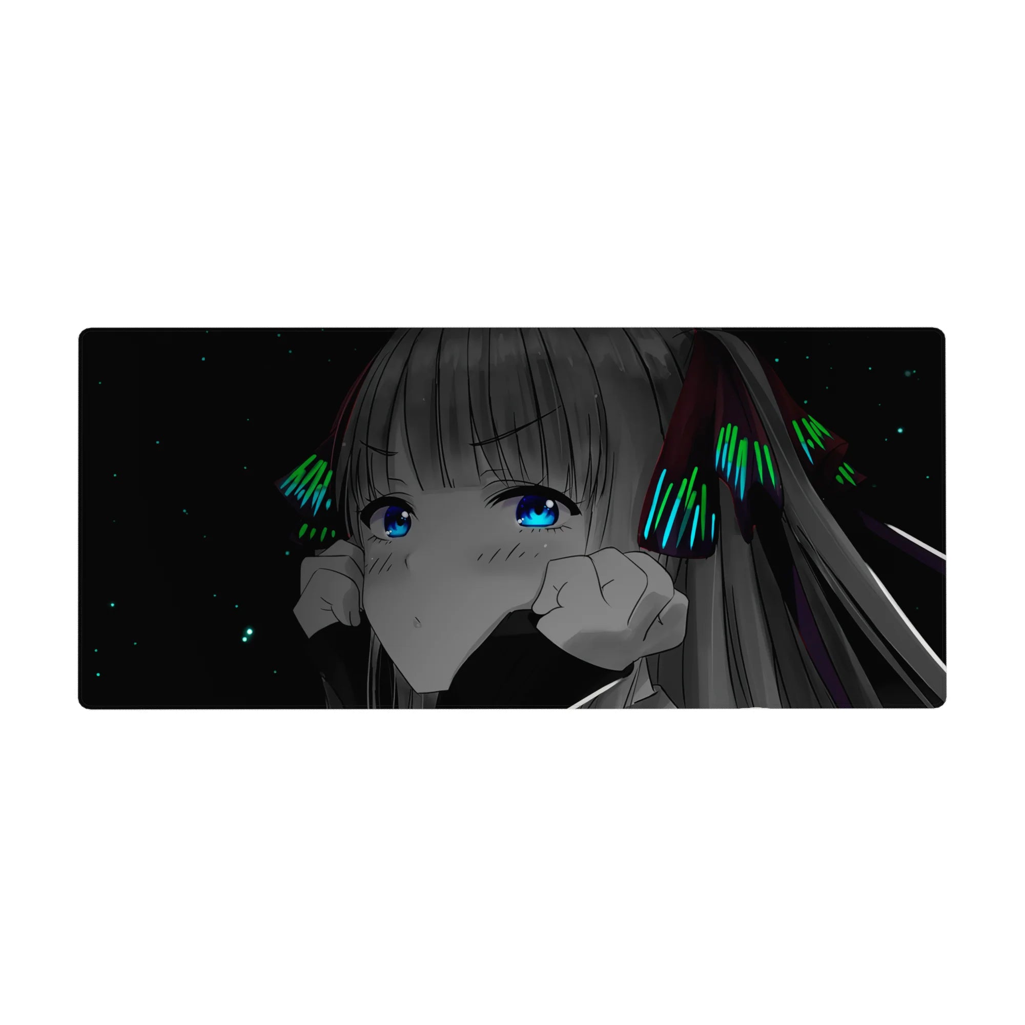 Anime girl desk pad 36x16 inches with shy wide-eyed character on a deep space-black starry backdrop.