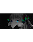 Anime girl desk pad 36x16 inches with shy wide-eyed character on a deep space-black starry backdrop.