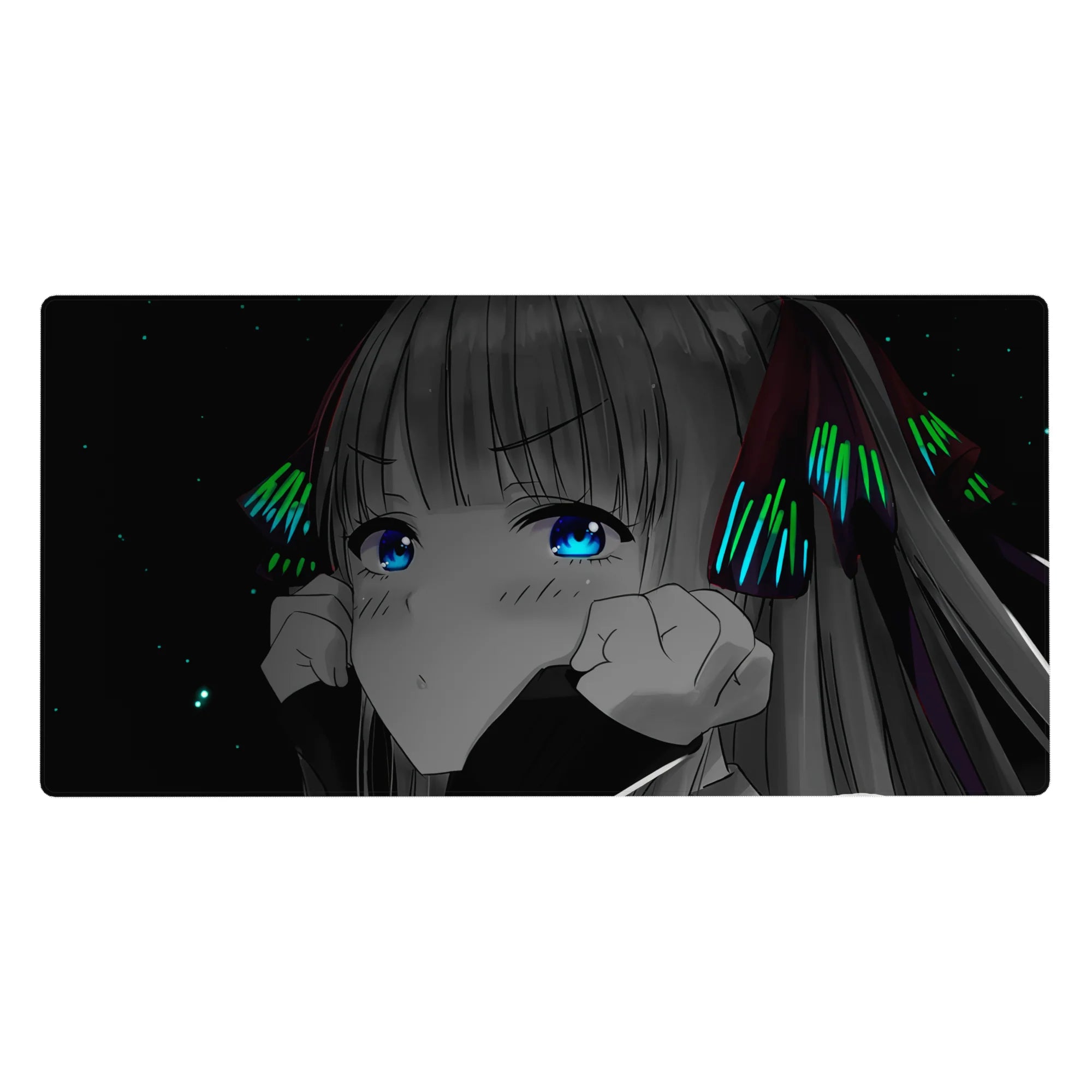 Anime girl desk pad 40x20 inches with shy wide-eyed character, silver hair, bows, and starry black background.