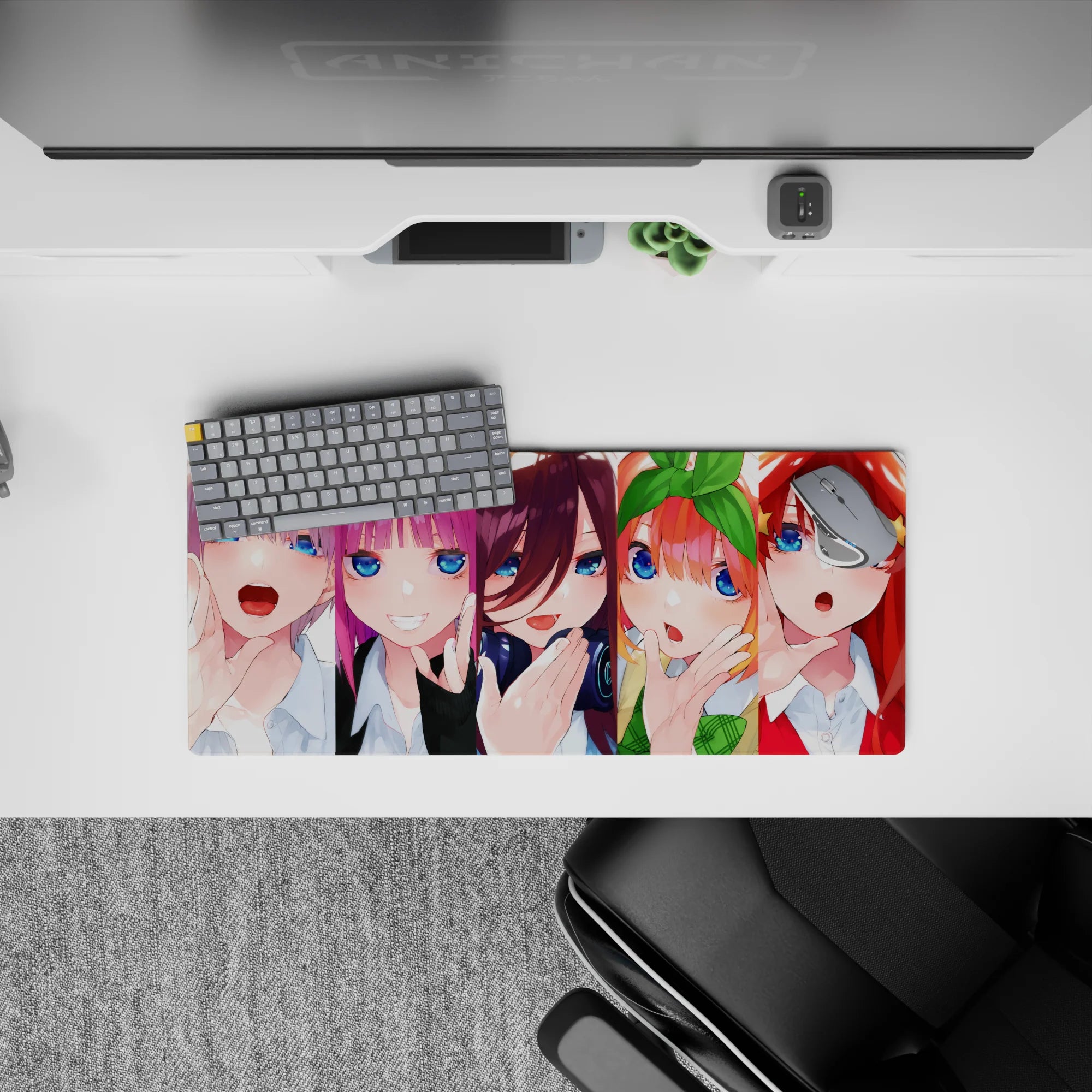 28x12 inches anime girl mouse pad in ice silver, hot pink, violet, orange bow, and red star clip.