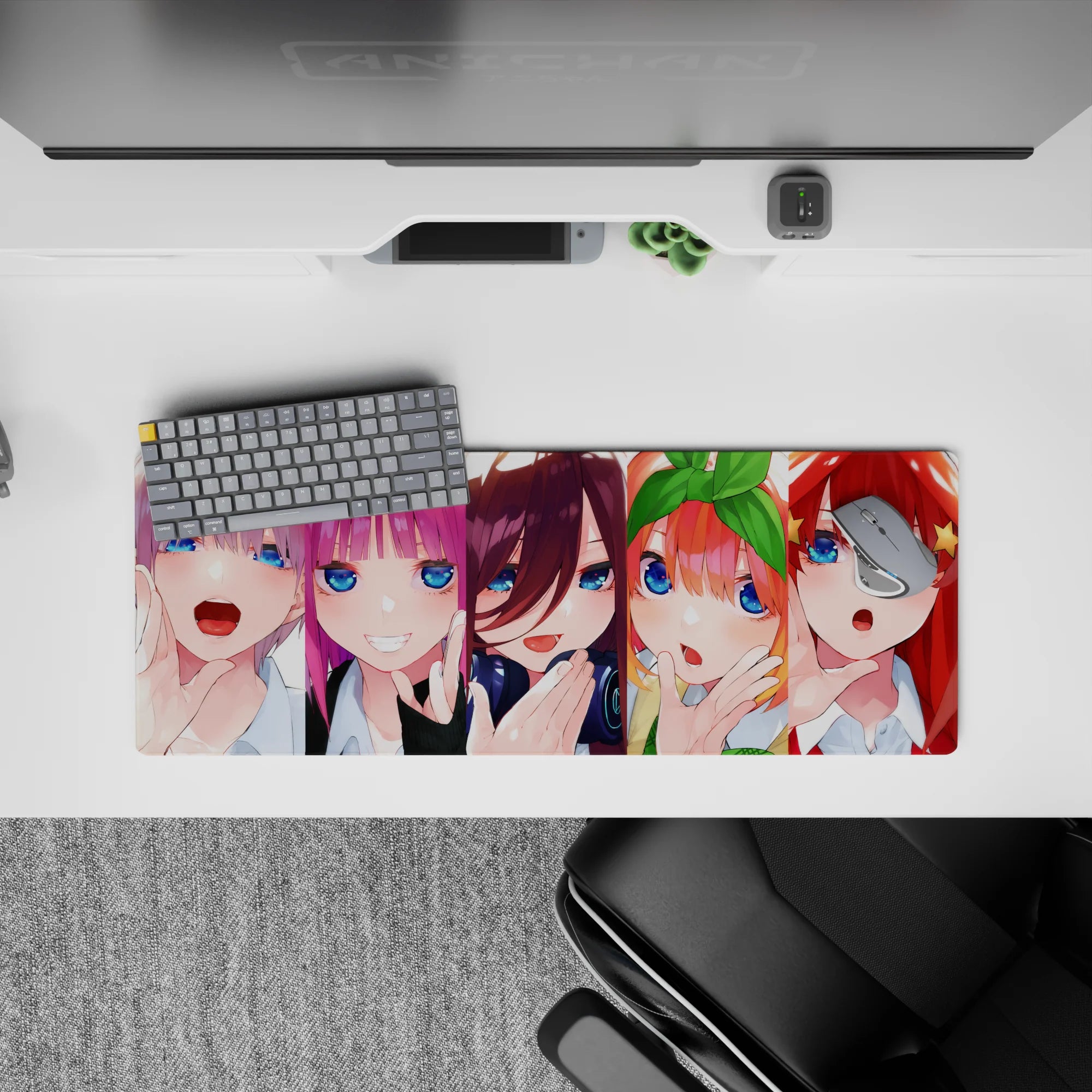 32x12 inches anime girl mouse pad in ice silver, hot pink, violet, orange-bow and red-star, cute mood.
