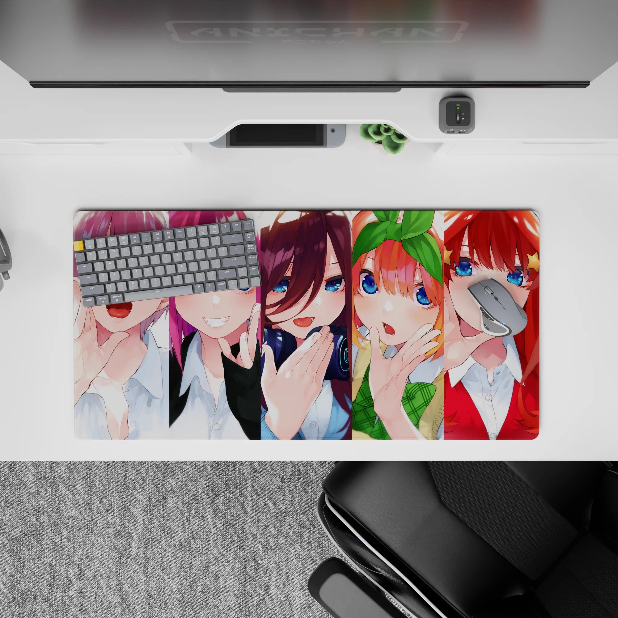 Candy-bright anime girl mouse pad 32x16 inches in silver, pink, violet, orange bow, and red star clip.