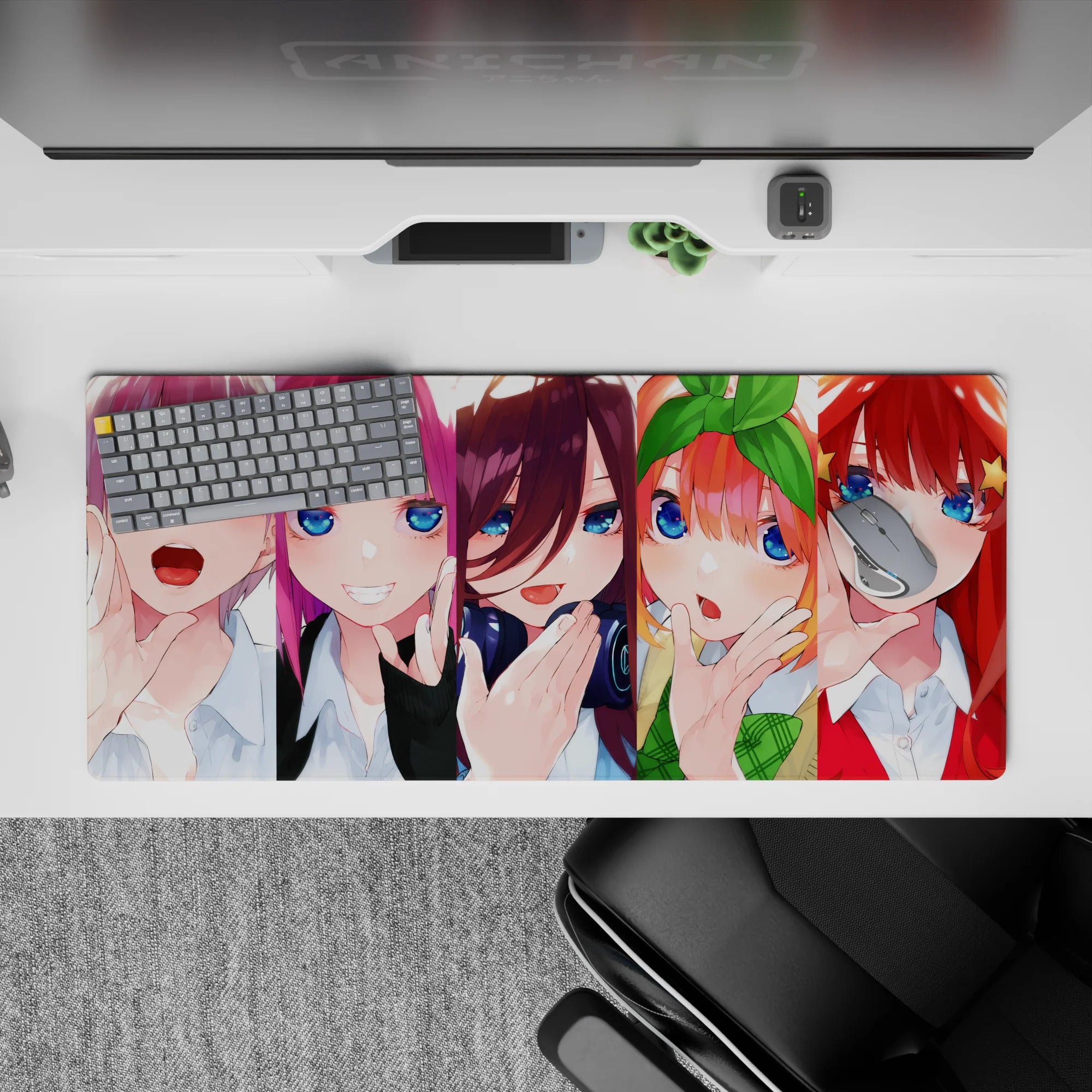 36x16 inches anime girl desk pad in ice silver, hot pink, violet, orange bow, and red star clip.