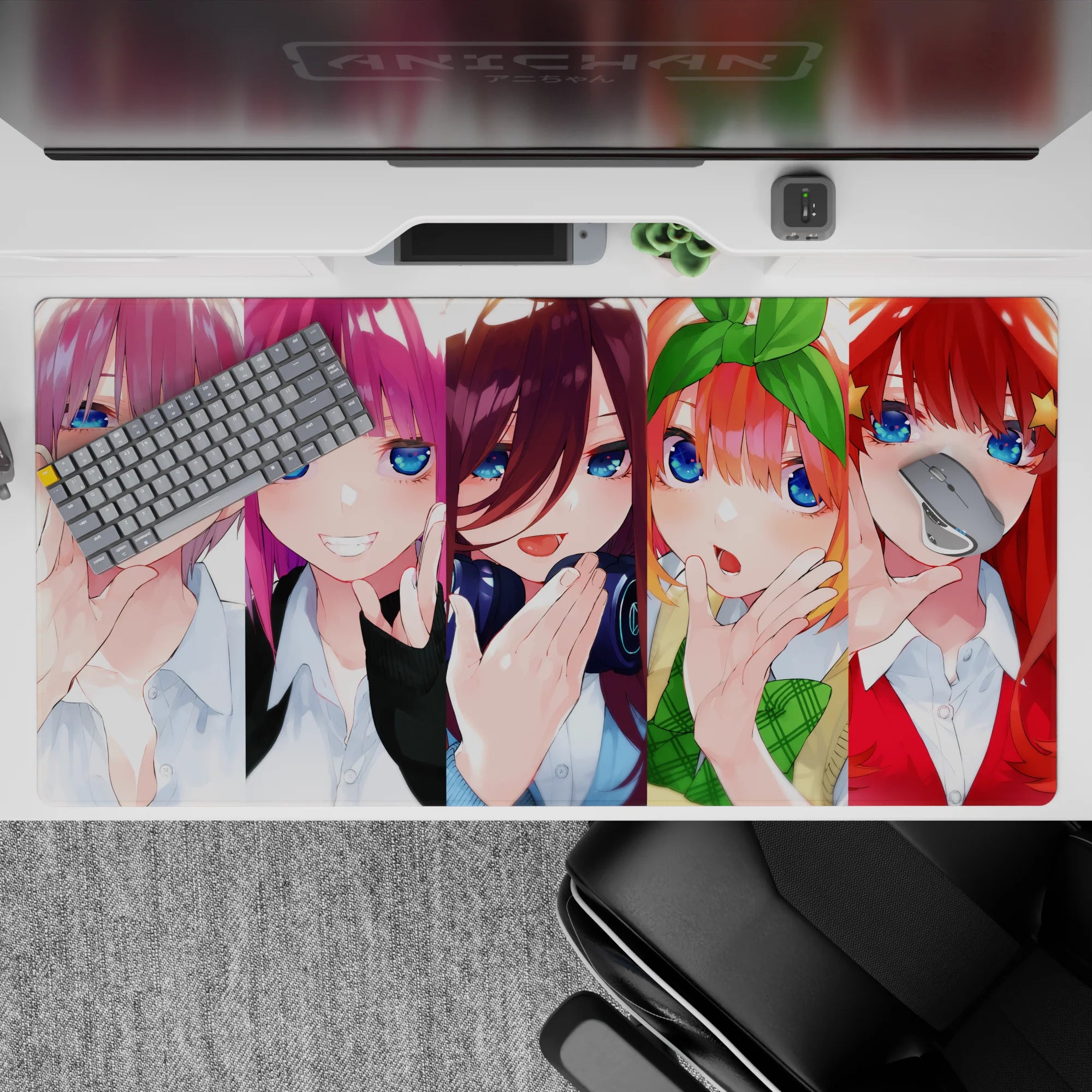 40x20 inches anime girl desk pad in ice silver, hot pink, violet, orange and red, candy-colored mood.