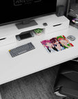 Anime girl mouse pad 14x10 inches showing five smiling girls, one shy hand-to-lips, bright desk lineup.