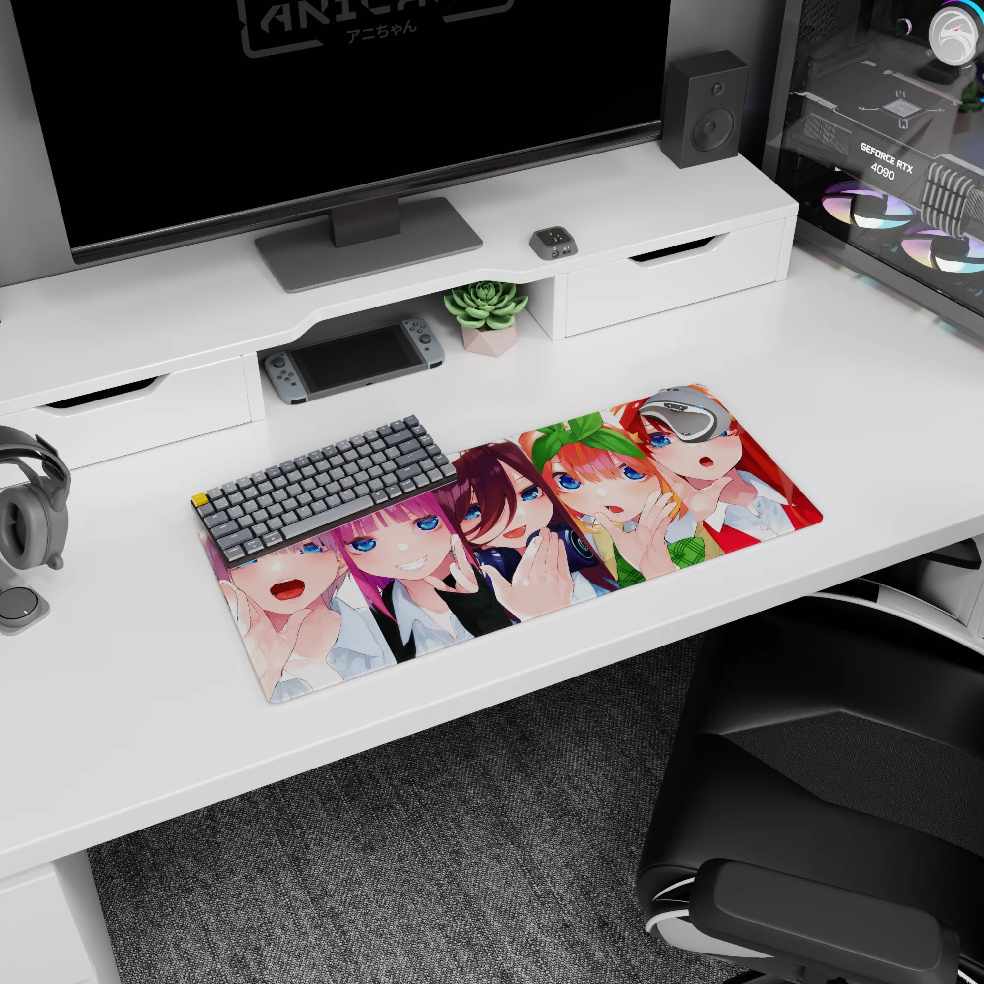 28x12 inches anime girl mouse pad showing five girls with open-mouth smiles and shy hand-to-lips poses.
