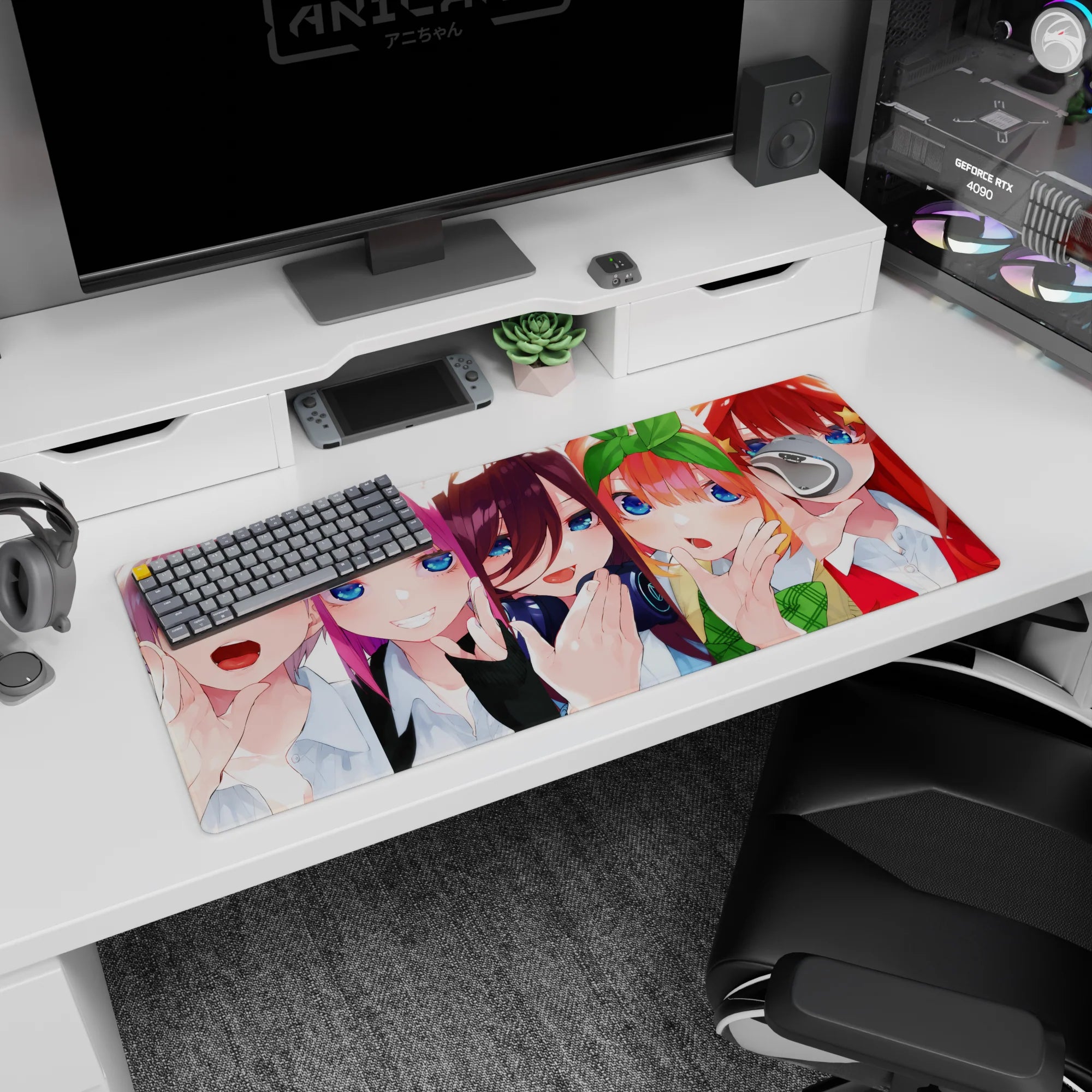 36x16 inches anime girl desk pad showing orange girl with green bow beside red girl with star hair clip.