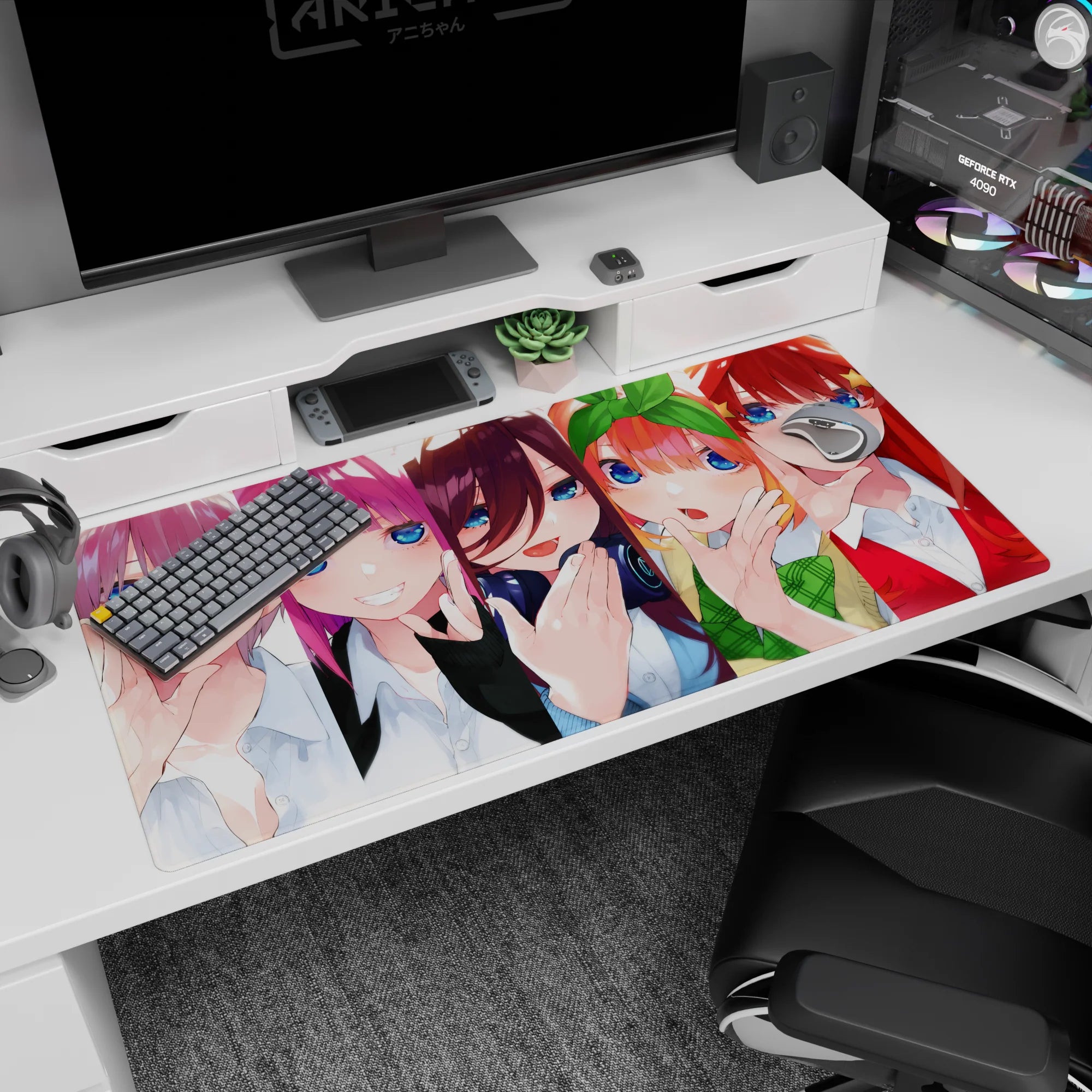 40x20 inches anime girl desk pad showing five girls lined up, one with green bow and one with star hair clip.
