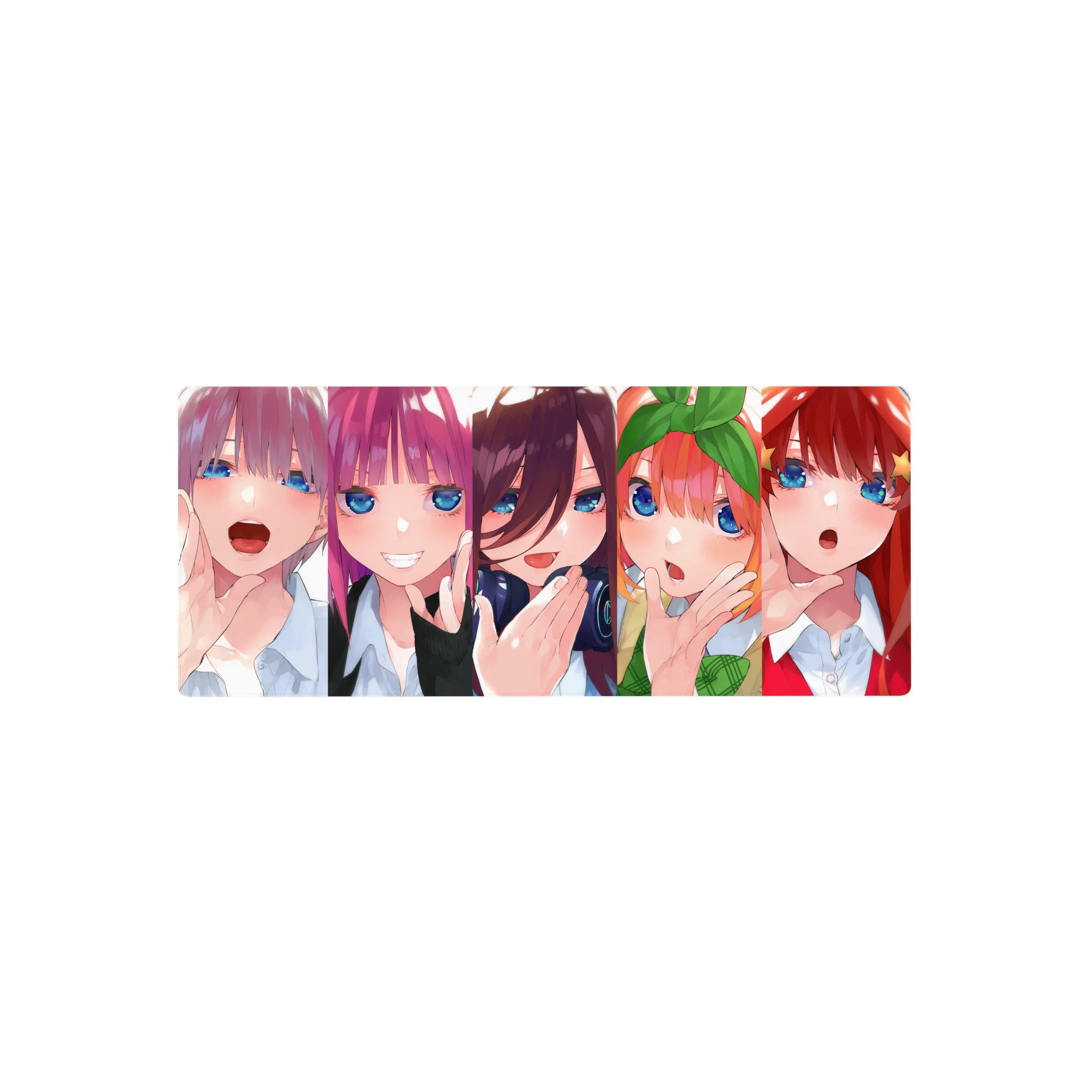28x12 inches anime girl mouse pad with five glossy blue-eyed girls lined up in a candy-colored chorus.